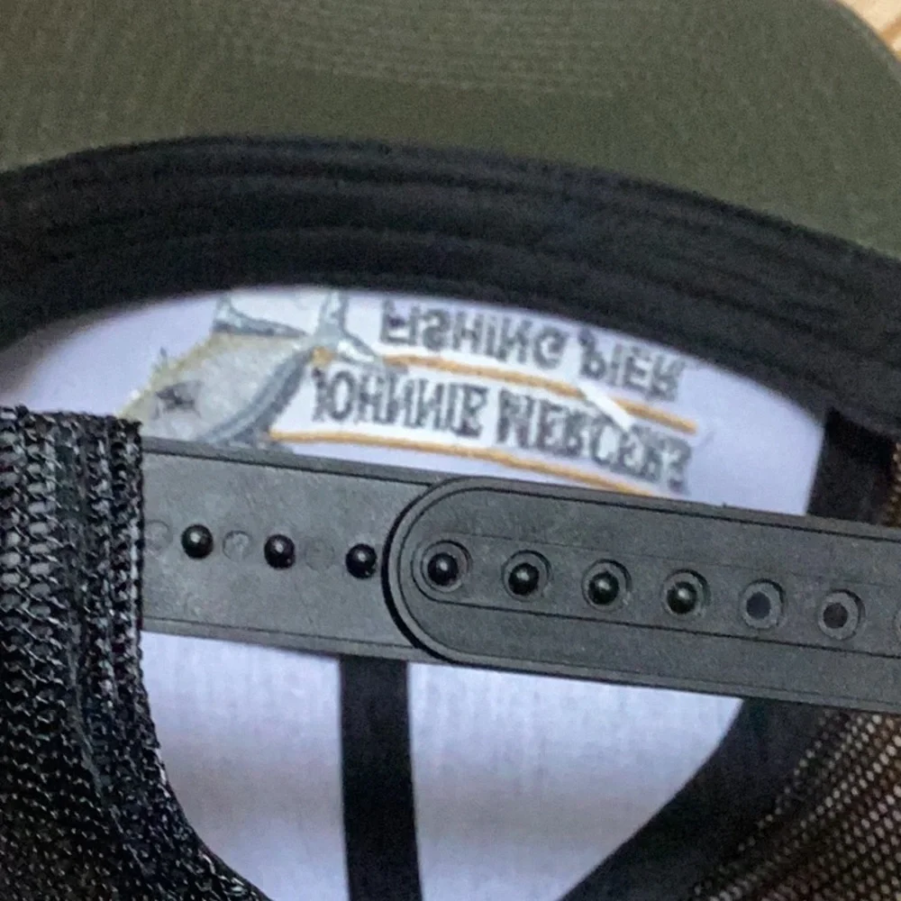 Johnnie Mercers Fishing Pier Olive Green & Black Mesh Adjustable Trucker Hat